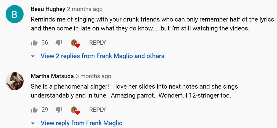One commenter's humorous description of Tico's singing.