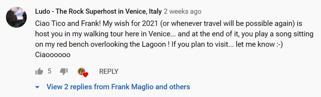 One viewer comments from Venice (Italy, not our Venice) about Tico.