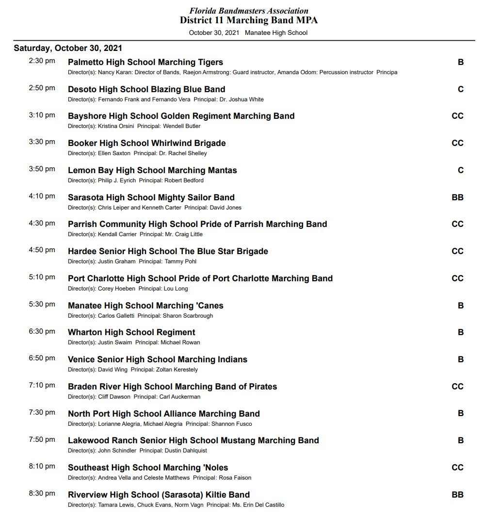 This is the schedule of all bands performing on Saturday at the FBA MPA.
